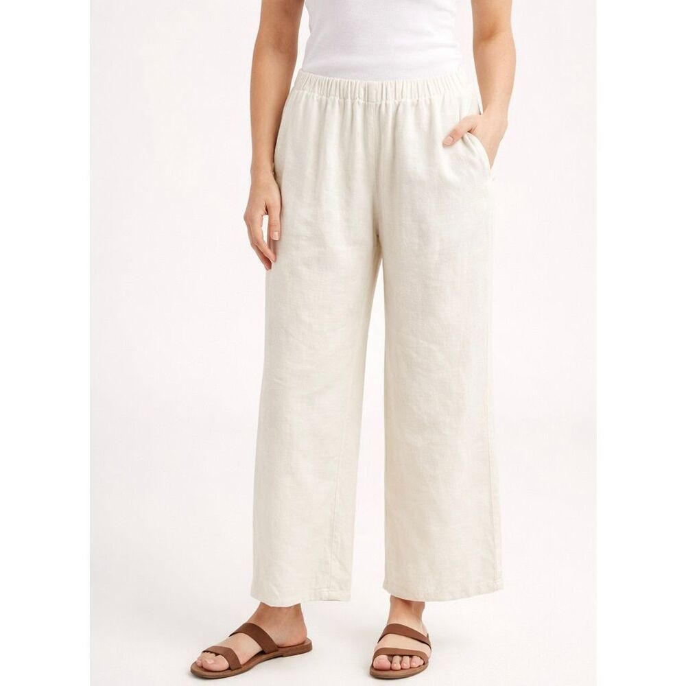FLAX 100% Linen White Ankle Pants Size S Made in Lithuania Elastic Waist